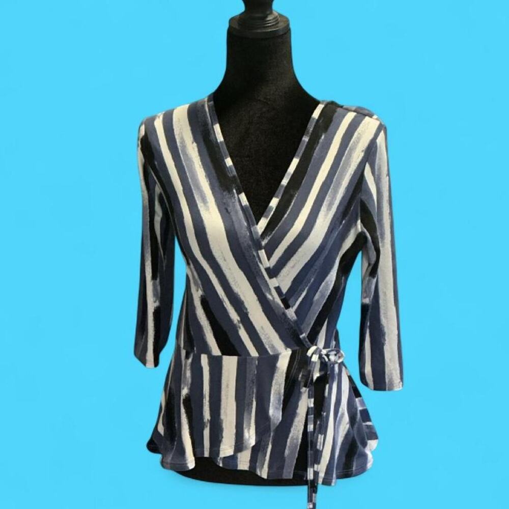 Bcx blue white striped faux wrap peplum top